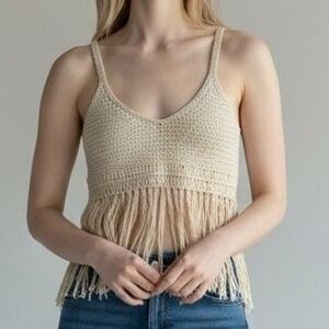 Crochet Crop Top Women X Small Cream Festival Fringe Coachella Concert Boho